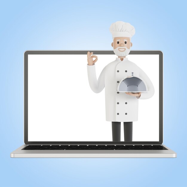 Il team del personale del ristorante sullo schermo del laptop Consegna dal ristorante Illustrazione 3D in stile cartone animato