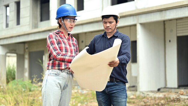 Il team di ingegneri discute e lavora in un cantiere edile. Ispezione al progetto del villaggio e alla costruzione della proprietà.