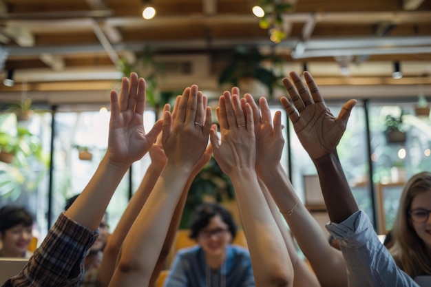 Il team multinazionale celebra il successo della sessione di brainstorming per la risoluzione dei problemi