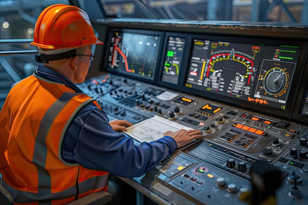 Il tecnico dei treni elettrici garantisce la sicurezza dei comandi dei treni in cielo