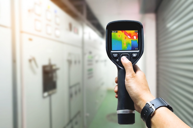 il tecnico usa la termocamera per controllare la temperatura in fabbrica