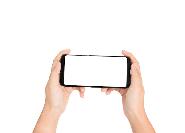 Il telefono cellulare della tenuta della mano assomiglia a un gioco in bianco sullo schermo bianco