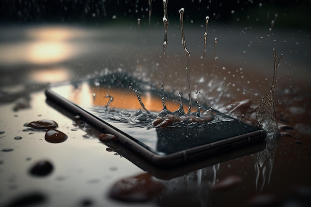 Il telefono è caduto in una pozzanghera di spruzzi d'acqua IA generativa