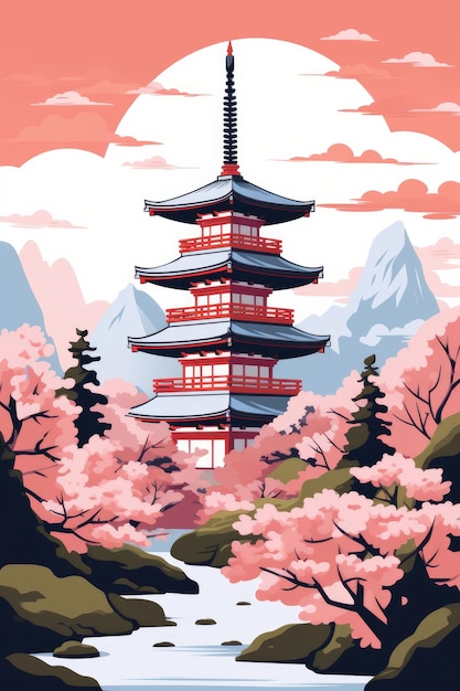 Il tempio giapponese o la pagoda asiatica e le montagne Fuji sullo sfondo Generative ai