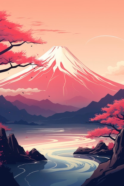 Il tempio giapponese o la pagoda asiatica e le montagne Fuji sullo sfondo Generative ai