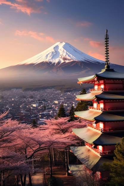 Il tempio giapponese o la pagoda Chureito e le montagne Fuji sullo sfondo Generative ai