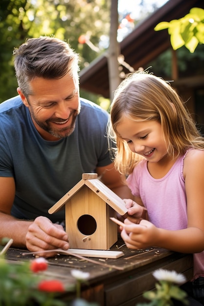 Il tempo di legame tra padre e figlia su un progetto creativo di birdhouse fai-da-te nel cortile sul retro