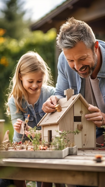 Il tempo di legame tra padre e figlia su un progetto creativo di birdhouse fai-da-te nel cortile sul retro
