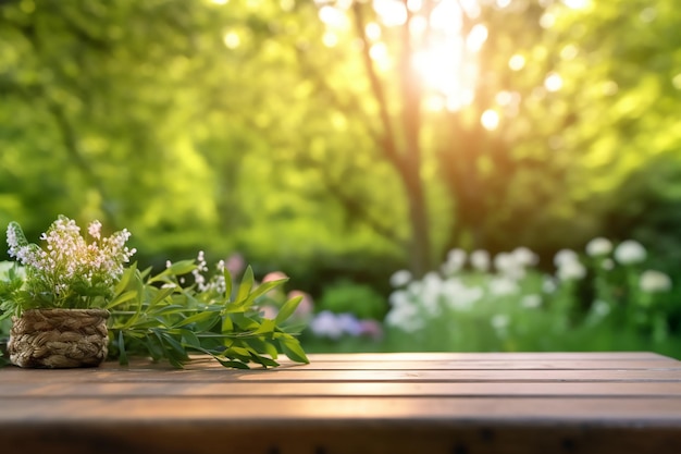 Il tempo di primavera della tavola di legno vuota fiorisce con il fondo verde della natura