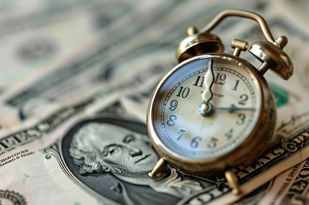 Il tempo è denaro concetto di sveglia e dollari chiudere concetto di pianificazione aziendale e finanziaria
