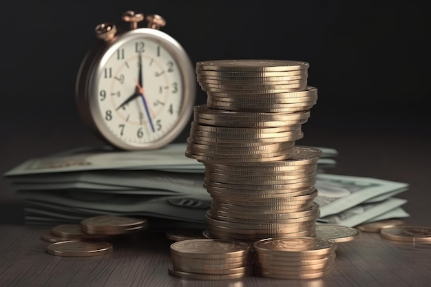 Il tempo è un concetto di denaro con un orologio in cima a una pila di denaro IA generativa