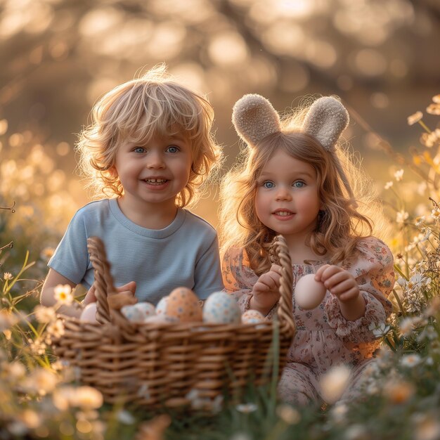 Il tempo libero di Pasqua in natura una bambina carina e un ragazzo con i capelli ricci sono alla ricerca di una colorata Ea