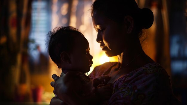 Il tenero momento della maternità Silhouette di madre e bambino al tramonto