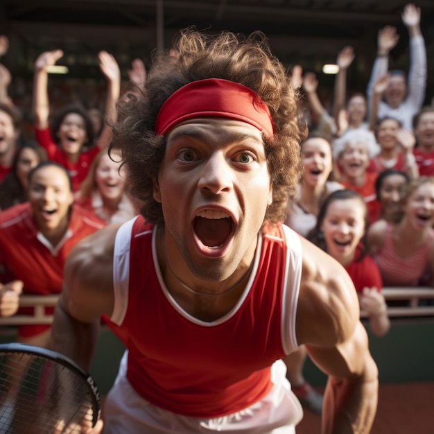 Il tennista celebra la vittoria con la folla sullo sfondo