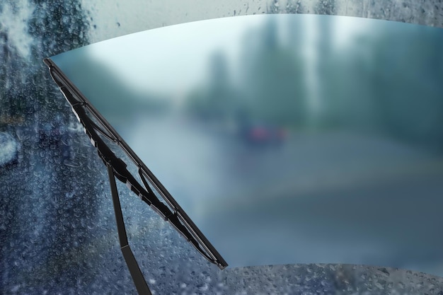 Il tergicristallo dell'auto pulisce le gocce d'acqua dal vetro durante la guida