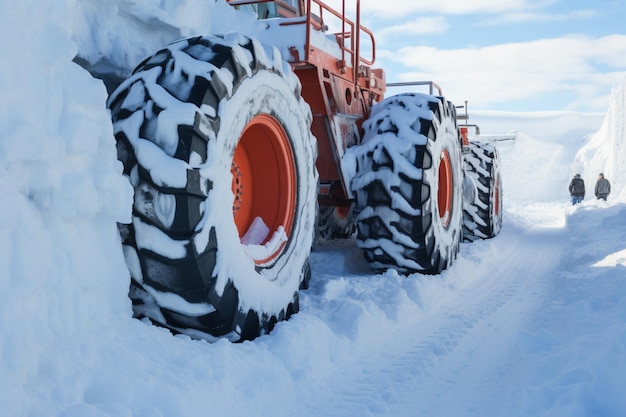 Il terreno coperto di neve della Kamchatka è attraversato da macchine per pneumatici in un efficiente sforzo di rimozione della neve