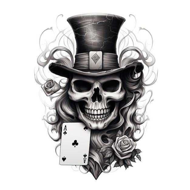 il teschio indossa un cappello e carte da gioco nello stile del logo di sicurezza dei ritratti monocromatici