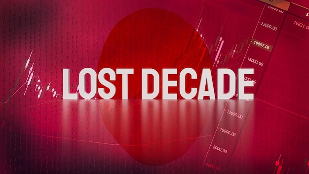 Il testo del decennio perduto sulla bandiera del Giappone e il rendering 3d del background aziendale