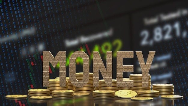 Il testo e le monete dei soldi dell'oro sul rendering 3d del fondo di affari