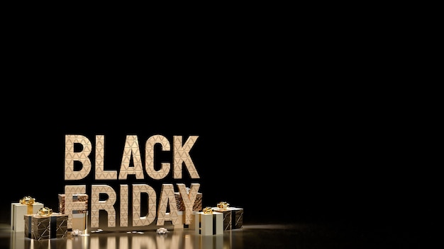 Il testo in oro del Black Friday e le scatole regalo per l'offerta o la promozione del concetto di shopping 3d rendering
