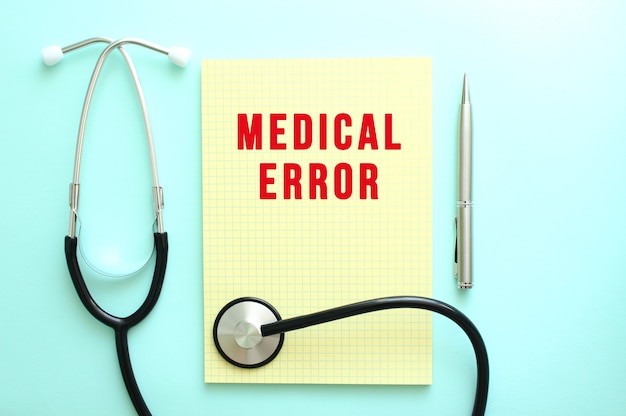Il testo rosso MEDICAL ERROR è scritto in un blocco giallo che si trova accanto allo stetoscopio su uno sfondo blu.