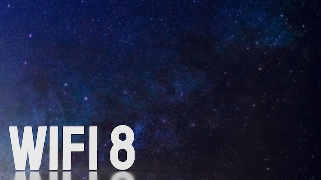 Il testo wi fi 8 sullo sfondo dello spazio per il rendering 3d del concetto di tecnologia