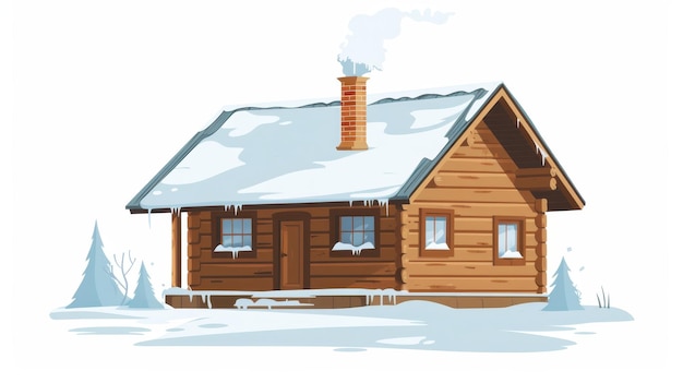 Il tetto della casa d'inverno è coperto di neve Cottage rurale in legno con fumo proveniente dal camino Piccolo edificio in legno Illustrazione grafica moderna piatta isolata su bianco