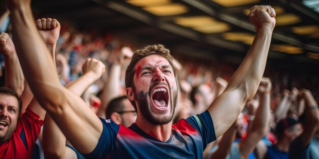 Il tifoso di calcio è sopraffatto dalle emozioni con le mani in alto sostenendo la squadra preferita