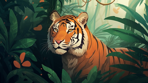 Il tigre nella foresta, illustrazione per bambini