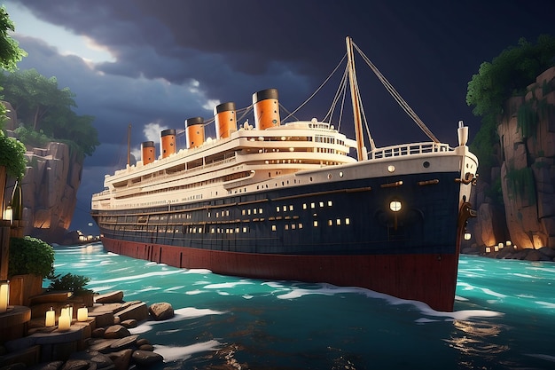 Il Titanic che naviga l'oceano al crepuscolo con le stelle e le nuvole nel cielo