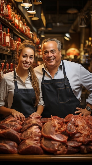 Il titolare e il collaboratore di una macelleria vendono il tipico prosciutto spagnolo