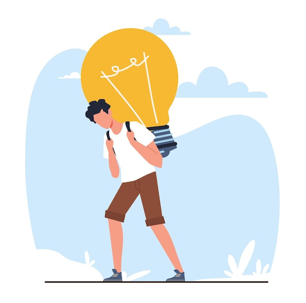 Il tizio porta l'idea della lampadina pesante come simbolo del peso delle soluzioni creative il direttore artistico il genio del business il successo il processo di duro lavoro lo stile piatto del cartone animato il concetto vettoriale isolato