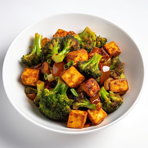 Il tofu e il broccolo fritto sono pronti per essere serviti sullo sfondo bianco.