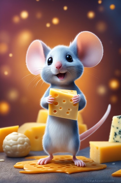 il topo felice si bloccò e si alzò sulle zampe posteriori con grandi pezzi di diverse varietà di formaggio
