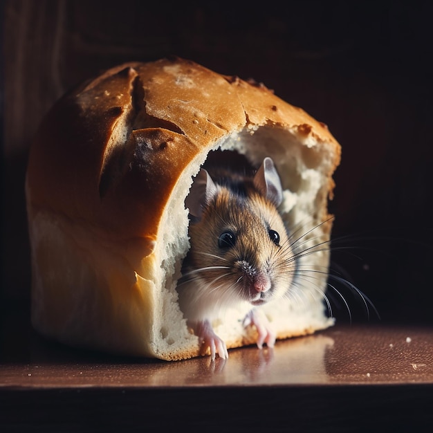 Il topo ha mangiato un buco nel pane il topo siede in una pagnotta un roditore è un parassita foto divertente con un animale