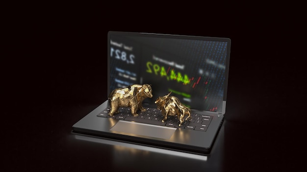 Il toro d'oro e l'orso sul taccuino per il rendering 3d del concetto di business