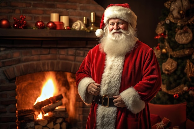 Il tradizionale Babbo Natale in piedi vicino al camino e all'albero di Natale in una stanza