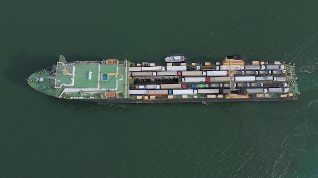 Il traghetto per auto trasporta i camion nella vista aerea del mare