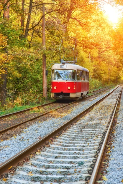 Il tram con i passeggeri parte dalla fermata dell'autobus in città al mattino presto