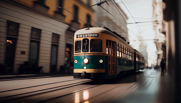 Il tram giallo con effetto motion blur si muove velocemente in città Treno passeggeri ad alta velocità in movimento su ferrovia