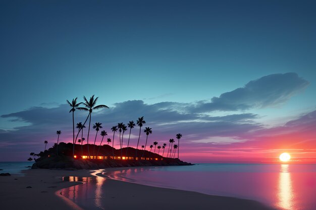 Il tramonto 3D sulla spiaggia retro palme vettoriale sci-fi sullo sfondo con l'oceano