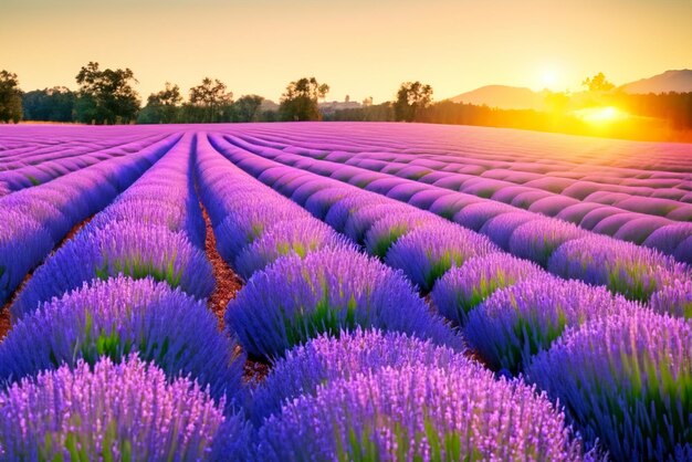 Il tramonto accende il cielo in rossi ardenti e arancioni dipingendo gli infiniti campi di lavanda in audace contrasto