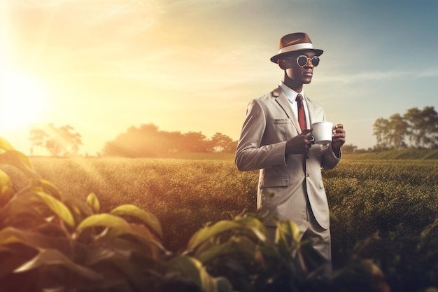 Il tramonto colombiano del campo della tazza di caffè maschio genera Ai