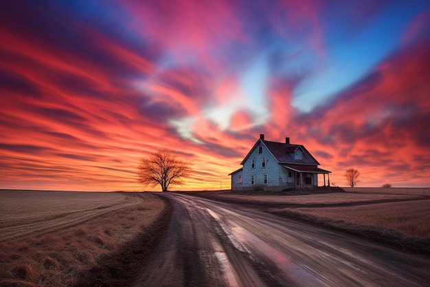 Il tramonto colorato su una fattoria rurale