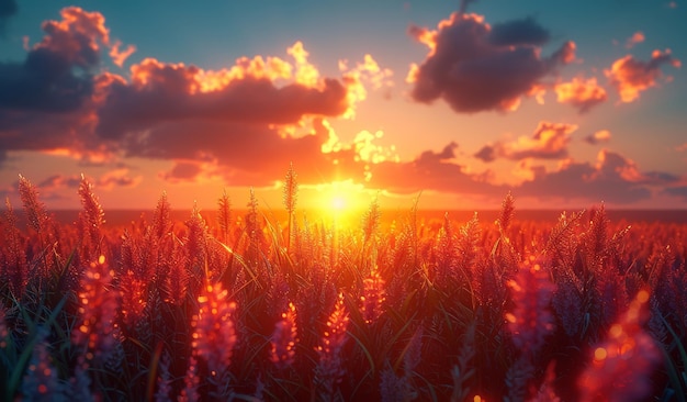 Il tramonto colorato sul campo di grano