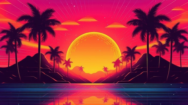 Il tramonto con il grande sole in una festa in stile discoteca di Miami Retro illustrazione generata dall'AI