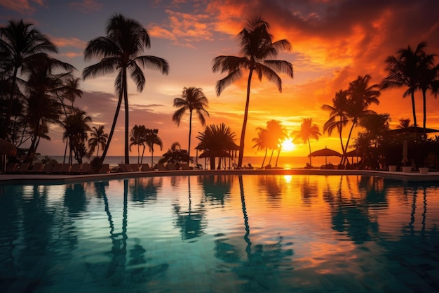 Il tramonto con le silhouette della palma e il riflesso nella piscina