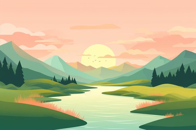 Il tramonto del fiume di montagna Illustrazione vettoriale del paesaggio