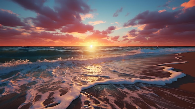 Il tramonto del mare lo sfondo morbido sfocato l'oceano l'alba dell'isola tropicale la spiaggia dell'alba l'acqua blu scuro le onde spruzzano la consistenza ondulata
