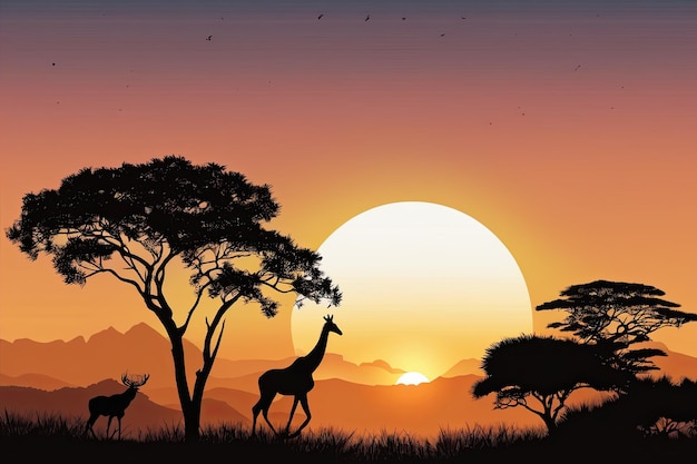 Il tramonto della savana africana con le silhouette degli acacia